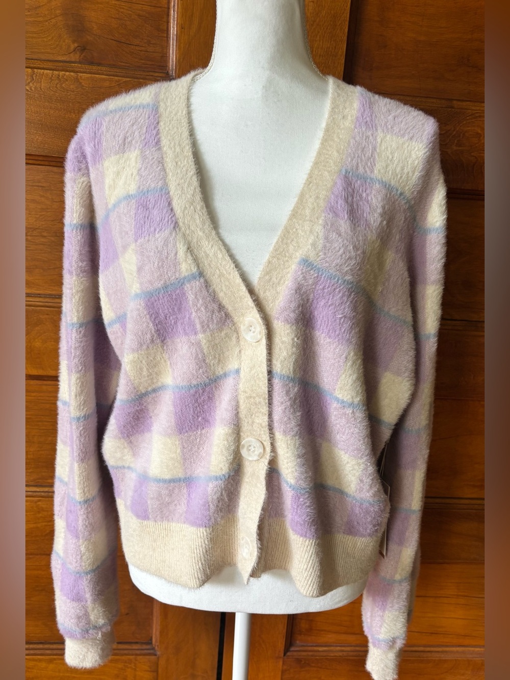 Cyrus Pastel Plaid V-Neck Cardigan in Lavender and Cream